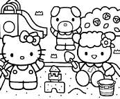 coloriage hello kitty avec ses amis jouent dans le sable